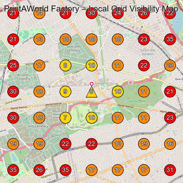 PrintAWorld Factory GeoGrid visibility map for Manufacturer in Middle Village